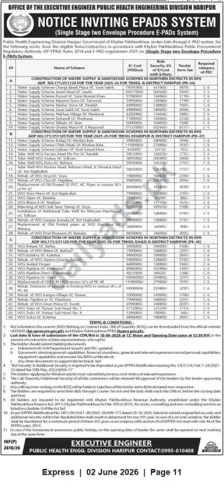 Newspaper clipping: Tender Notice — E-PADs: 44 Water Supply & Sanitation Schemes | Public Health Engineering Division Haripur, Express, 02 Jun 2026