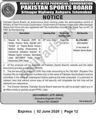 Newspaper clipping: Pakistan Sports Board RFP — Nasser Bunda Hockey Stadium Seating Enhancement & Commercial Utilization (BOT/DFBOT), Express, 02 Jun 2026