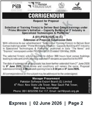 Newspaper clipping: PSEB Corrigendum: RFP Submission Extended to 9 June 2026 for IT Boot Camps Training Firms, Express, 02 Jun 2026