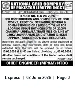 Newspaper clipping: NGC Amendment No. 2 — Tender TLC-28-2026 Submission Extended to 2026-06-15, Express, 02 Jun 2026