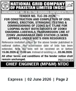 Newspaper clipping: NGC Amendment No.2: Tender TLC-28-2026 — 220kV Chashma-Ludewala Works (Bid Date Extended), Express, 02 Jun 2026