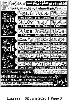 Newspaper clipping: Immediate Hiring for Saudi Arabia — Bluemoon (Multiple Salary Ranges Listed), Express, 02 Jun 2026