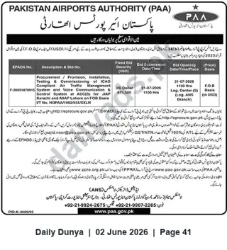 Newspaper clipping: PAA Tender: ICAO-Compliant ATM & Voice Communication System for Karachi (JIA) & Lahore (FOB), Dunya, 02 Jun 2026