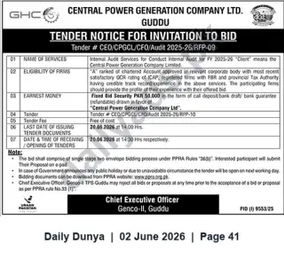 Newspaper clipping: Tender for Internal Audit Services FY 2025-26 — Central Power Generation Company Ltd (Guddu), Dunya, 02 Jun 2026