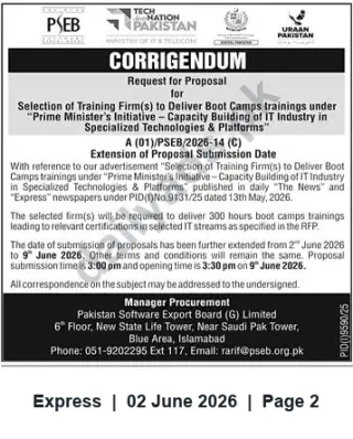 Newspaper clipping: RFP Corrigendum — Extension for Boot Camps Training Firms (PSEB) — Proposals Due 2026-06-09, Express, 02 Jun 2026