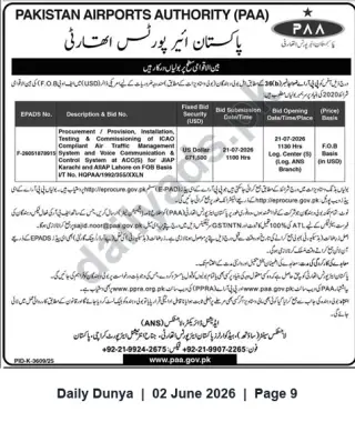 Newspaper clipping: PAA Tender: Supply, Installation & Commissioning of ICAO-Compliant Air Traffic Management and Voice Communication Systems for Karachi & Lahore, Dunya, 02 Jun 2026