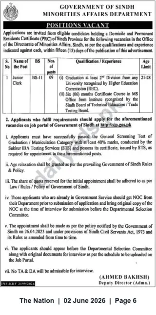 Newspaper clipping: Government of Sindh — Minorities Affairs Department Hiring Junior Clerks (BS-11), The Nation, 02 Jun 2026