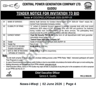 Newspaper clipping: Tender for Internal Audit Services FY 2025-26 – Central Power Generation Company Ltd., Guddu, Nawa-i-Waqt, 02 Jun 2026