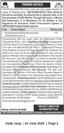 Newspaper clipping: Tender: Supply of Manufactured Vehicles & Accessories — PD Sui Master Plan, Jang, 02 Jun 2026