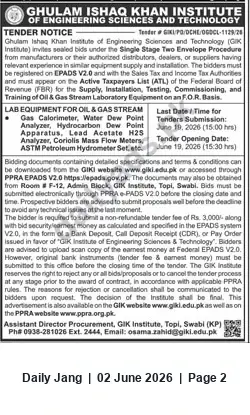 Newspaper clipping: GIK Institute Tender: Supply, Installation & Training for Oil & Gas Stream Laboratory Equipment (Closing 2026-06-19), Jang, 02 Jun 2026
