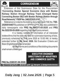 Newspaper clipping: Corrigendum: Bid Deadline Extended to 2026-06-09 — Connecting Bostan SEZ with Bostan Railway Station (PSDP No. 2462/Z2025.0197), Jang, 02 Jun 2026
