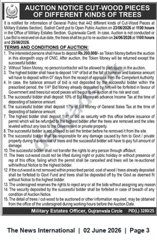 Newspaper clipping: Public Auction: 442 Cut-Wood Pieces at Military Estates Section, Sialkot Cantt – Auction 2026-06-23, The News International, 02 Jun 2026