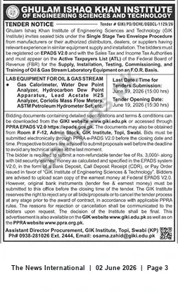 Newspaper clipping: GIK Institute Tender: Supply & Installation of Oil & Gas Laboratory Equipment — Closing 2026-06-19, The News International, 02 Jun 2026