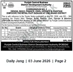 Newspaper clipping: Corrigendum No.2 — DBFOM Retail Plot (Azalea) Tender at CBD Quaid District (Deadline 2026-06-10), Jang, 03 Jun 2026
