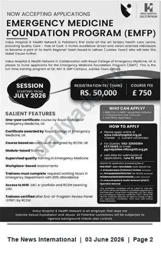 Newspaper clipping: Emergency Medicine Foundation Program (EMFP) — Indus Hospital & Health Network (July 2026 Intake), The News International, 03 Jun 2026
