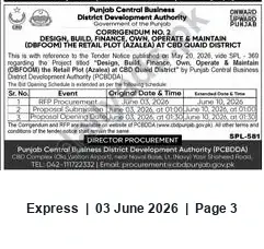 Newspaper clipping: Corrigendum No.2 — DBFOOM Retail Plot (Azalea) at CBD Quaid District (Punjab CBD Authority), Express, 03 Jun 2026