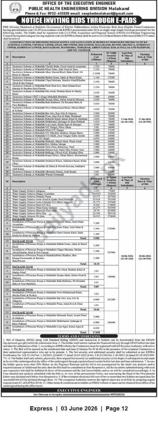 Newspaper clipping: PHED Malakand — Notice Inviting E-Bids for Multiple Water Supply & Sanitation Schemes (Jun 2026), Express, 03 Jun 2026