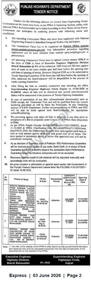 Newspaper clipping: Punjab Highways Department Tender Notice — Road Repair Works (Mandi Bahauddin), Express, 03 Jun 2026