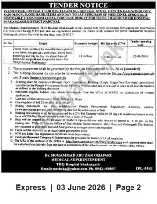 Newspaper clipping: Framework Contract Tender for Medicines, Medical Supplies & Services — THQ Hospital Shakargarh (FY 2026-27), Express, 03 Jun 2026