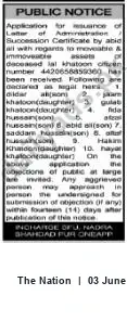 Newspaper clipping: Public Notice: Application for Letter of Administration / Succession Certificate by Abid Ali, The Nation, 03 Jun 2026