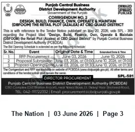 Newspaper clipping: Corrigendum No.2 — RFP Extension for DBFOOM Retail Plot (Azalea) at CBD Quaid District, The Nation, 03 Jun 2026