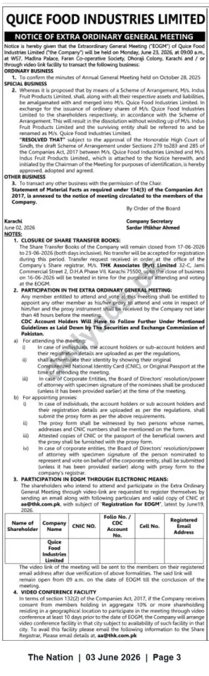 Newspaper clipping: Quice Food Industries Limited — Notice of Extraordinary General Meeting (23 June 2026), The Nation, 03 Jun 2026