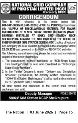 Newspaper clipping: NGC Corrigendum: Tender DM-SKP-500KV-C.B-01-2026 — Procurement Method and Delivery Location Amended, The Nation, 03 Jun 2026