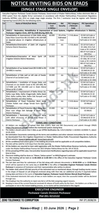 Newspaper clipping: Peshawar Canals Division - Notice Inviting Bids for Rehabilitation & Improvement Works (ADP 2025-26), Nawa-i-Waqt, 03 Jun 2026