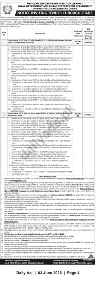 Newspaper clipping: Tender: Construction of Solar-Based Drinking Water Supply Schemes (20 Nos. each) in South Waziristan Lower, Daily Aaj, 03 Jun 2026