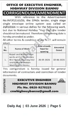 Newspaper clipping: Corrigendum: Tender Opening Date Amended for Repair & Maintenance at Civil Dispensary, Sher Nawaz Naurang Khel (Highway Division Bannu), Daily Aaj, 03 Jun 2026