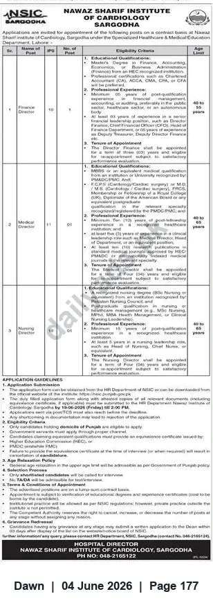 Newspaper clipping: Nawaz Sharif Institute of Cardiology Sargodha – Vacancies for Finance, Medical & Nursing Directors (Contract), Dawn, 04 Jun 2026
