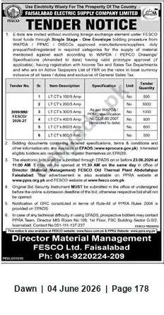 Newspaper clipping: FESCO Tender for LT Current Transformers (100/5–400/5) – Submission by 2026-06-23, Dawn, 04 Jun 2026