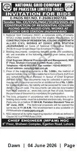 Newspaper clipping: NGC Invitation for Bids: Construction of Residential Colony at 220kV Grid Station Jauharabad, Dawn, 04 Jun 2026