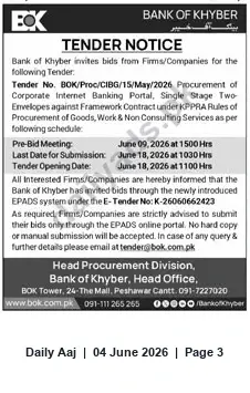 Newspaper clipping: Bank of Khyber Tender: Corporate Internet Banking Portal (Tender No. BOK/Proc/CIBG/15/May/2026), Daily Aaj, 04 Jun 2026