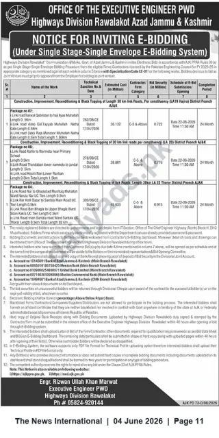 Newspaper clipping: PWD Highways Division Rawalakot — E-Bidding Notice for Link Road Improvement Packages (LA19, LA20, LA22), The News International, 04 Jun 2026