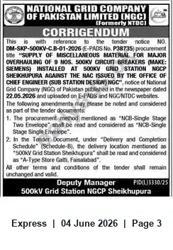 Newspaper clipping: NGC Corrigendum: Tender DM-SKP-SOOKV-C.B-01-2026 — Procurement Method & Delivery Location Amended, Express, 04 Jun 2026