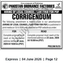 Newspaper clipping: POF Corrigendum: Hiring of Legal Counsel / Law Firm — Submission Deadline Amended to 22 June 2026, Express, 04 Jun 2026