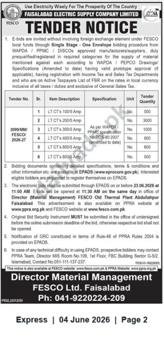 Newspaper clipping: FESCO Tender — Supply of LT Current Transformers (100/5A to 800/5A) — Bids Due 2026-06-23, Express, 04 Jun 2026