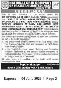Newspaper clipping: Corrigendum: Tender DM-SKP-500KV-C.B-01-2026 — Supply of Miscellaneous Material for Overhauling 9×500kV Circuit Breakers (NGC), Express, 04 Jun 2026