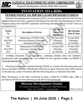 Newspaper clipping: NTC Invitation to e-Bids – GPON OFC Deployment in Karachi, Hyderabad, Sujawal & Quetta (Closing 2026-06-18), The Nation, 04 Jun 2026