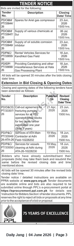 Newspaper clipping: PPL Tender Notice — Supply, Services and Spares for Gas Fields (June–July 2026), Jang, 04 Jun 2026