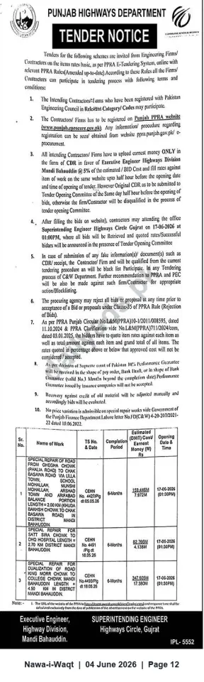Newspaper clipping: Punjab Highways Department Tenders — Road Repair Works, Mandi Bahauddin (Closing 2026-06-17), Nawa-i-Waqt, 04 Jun 2026
