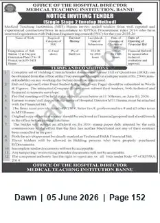 Newspaper clipping: Tender Notice — Medical Teaching Institution Bannu (Single Stage/Single Envelope), Dawn, 05 Jun 2026