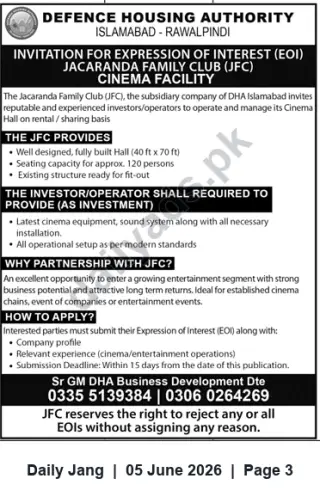 Newspaper clipping: DHA Islamabad-Rawalpindi Invites EOIs for Jacaranda Family Club Cinema Operator, Jang, 05 Jun 2026
