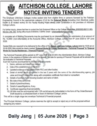 Newspaper clipping: Aitchison College Lahore — Tender for External Works (Faculty Housing) (PEC Category C-4), Jang, 05 Jun 2026