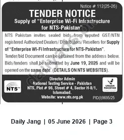 Newspaper clipping: Tender: Supply of Enterprise Wi-Fi Infrastructure for NTS-Pakistan — Bids due 2026-06-19, Jang, 05 Jun 2026