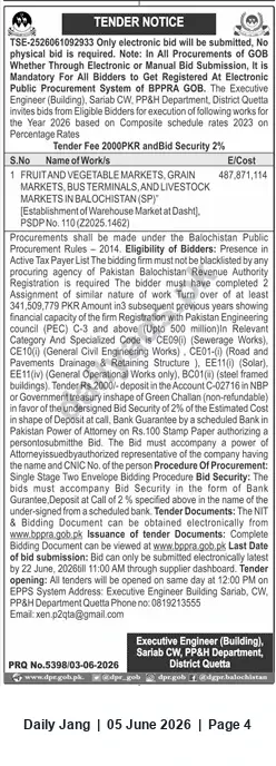 Newspaper clipping: Tender: Establishment of Warehouse Market at Dal — Fruit & Vegetable, Grain, Bus Terminal & Livestock Markets (Balochistan SP), Jang, 05 Jun 2026