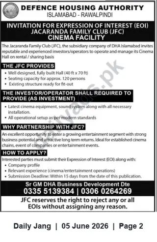 Newspaper clipping: DHA Islamabad–Rawalpindi Invites EOI for Jacaranda Family Club (JFC) Cinema Facility – 120 Seats, Jang, 05 Jun 2026