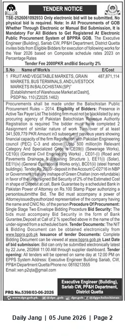 Newspaper clipping: Tender — Quetta (Balochistan): Construction/Establishment of Fruit & Vegetable, Grain, Bus Terminal and Livestock Markets, Jang, 05 Jun 2026