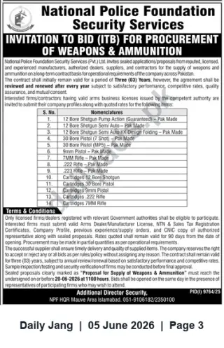 Newspaper clipping: National Police Foundation ITB: Procurement of Weapons & Ammunition (Bid deadline 2026-06-20), Jang, 05 Jun 2026